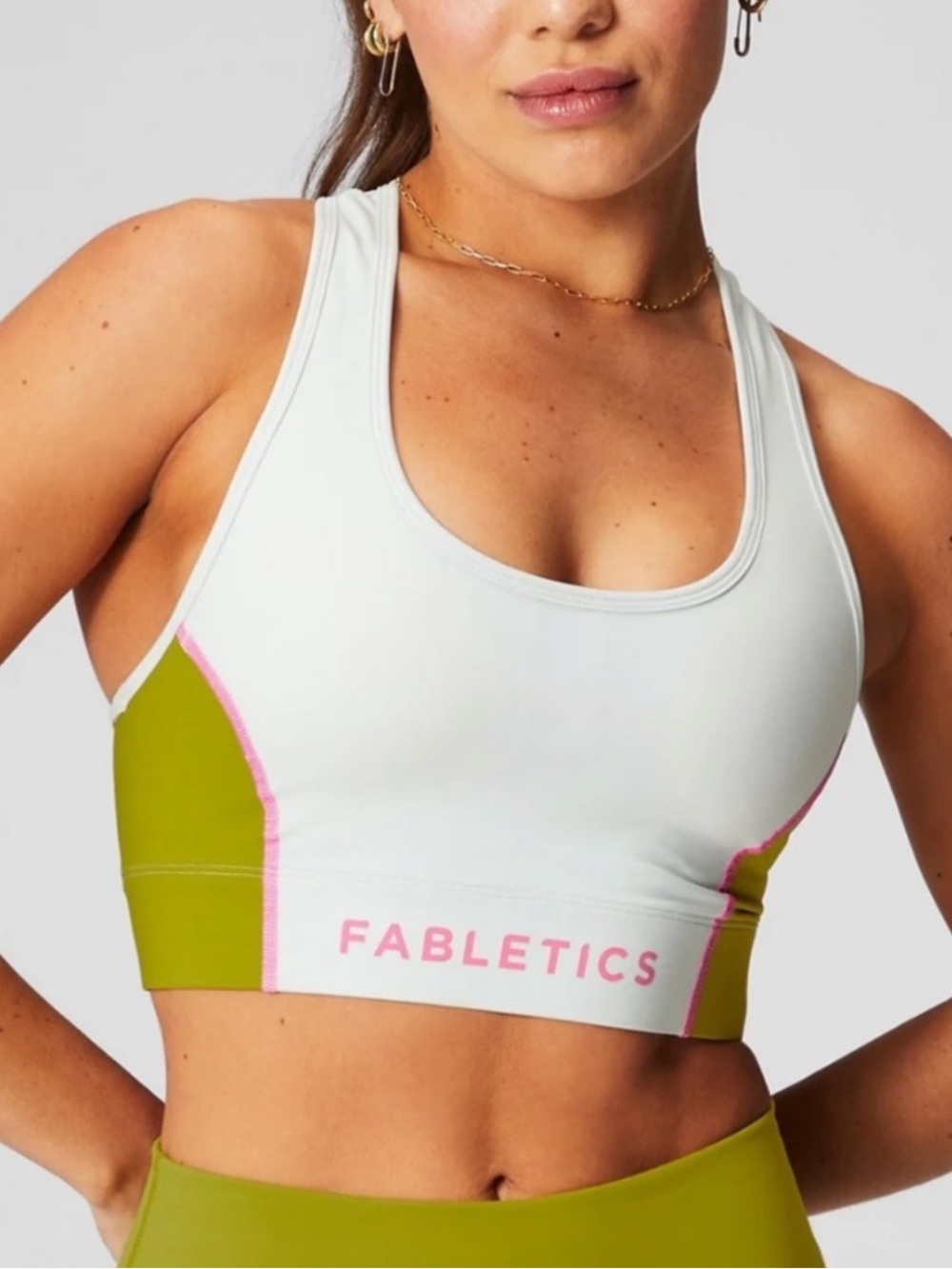 Fabletics On-The-Go Medium Impact Sports Bra Grey Mint Olive Grove NWT